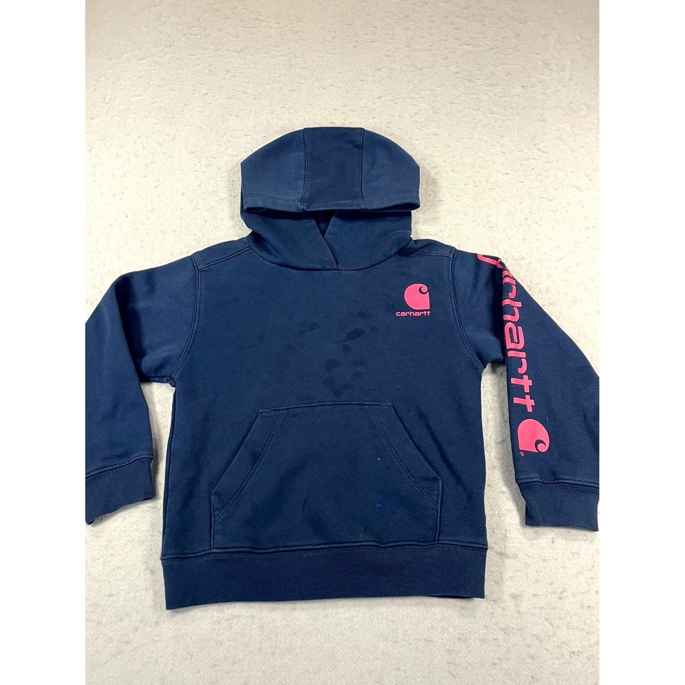 Carhartt Hoodie Youth 5 Navy Blue Graphic Fleece Lined Logo Kangaroo Pockets